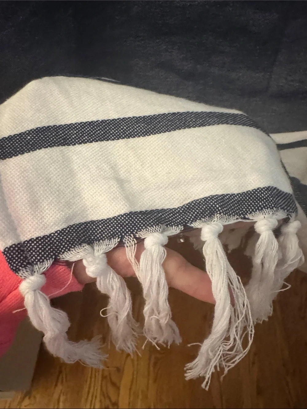 Navy Blue Beach Towel with White Stripe and Fringe